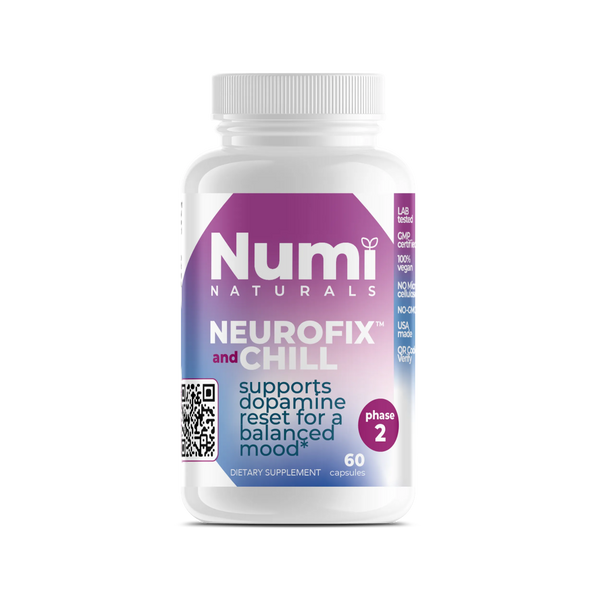 Neurofix and Chill supplement bottle from Numi Naturals