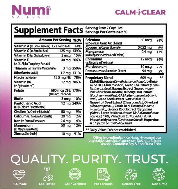 Calm+Clear focus and mental clarity supplement - 60 capsules - Numi Naturals