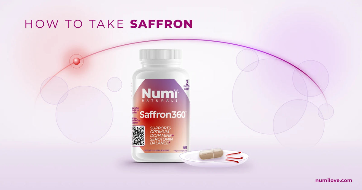 A bottle of Saffron360 saffron extract beside one capsule and saffron threads on a small dish