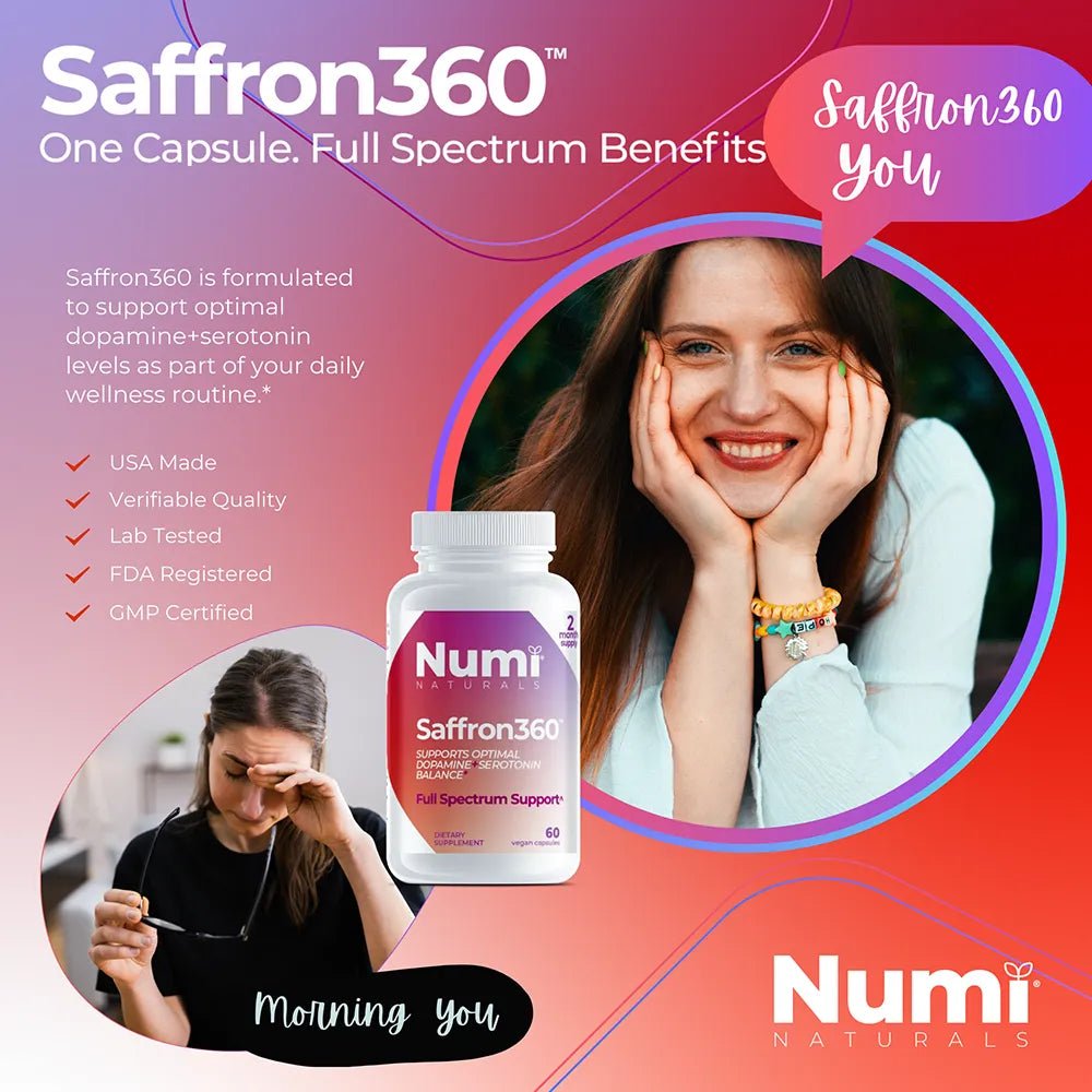 Saffron360™ - Saffron Supplement for Mood Support - 88.5mg Pure Saffron Extract with Lab Verified Quality - Supports Dopamine + Serotonin Naturally - Numi Naturals